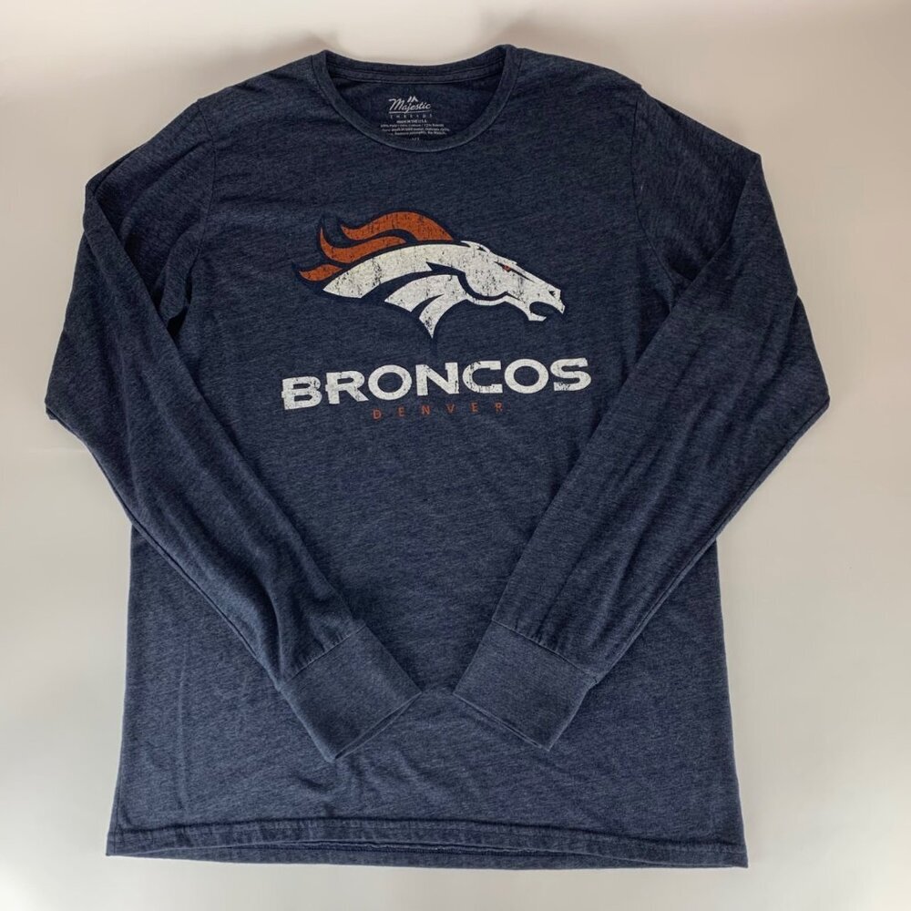 Denver Broncos NFL Navy Blue Majestic Threads Long Sleeve Crewneck Shirt Mens XL
